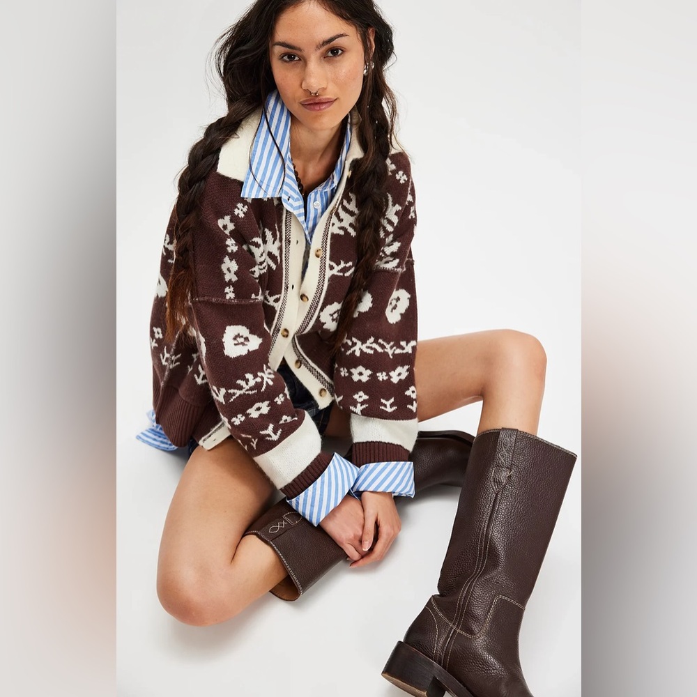 Free People Shelby Cardigan in Chocolate S Cozy Jacquard Knit Boxy Sweater - Picture 5 of 16